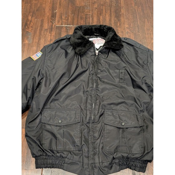 National Patrol Jacket Mens Large Black Bomber Fur Collar Quilted Flag Patch - Picture 3 of 12